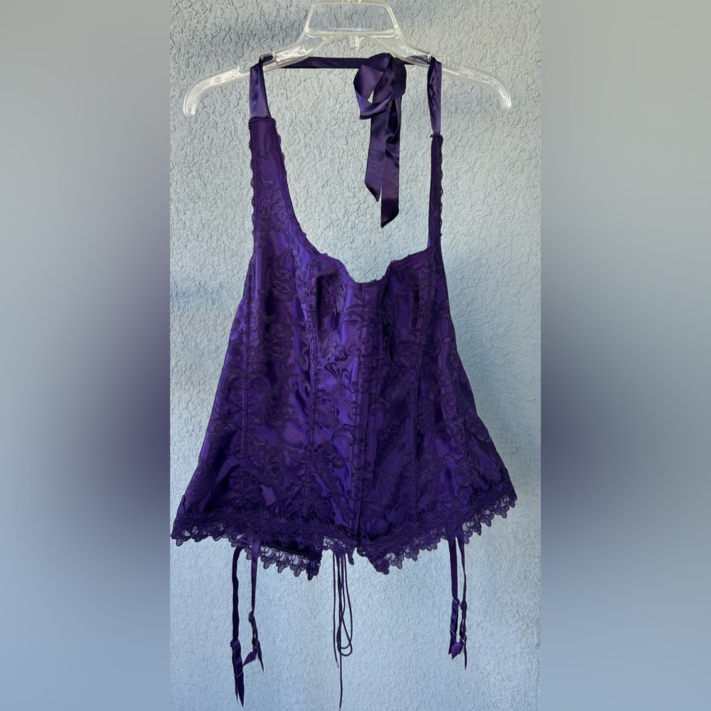 VTG Frederick’s of Hollywood Purple Satin Lace Up Corset Halter Garter Size 44